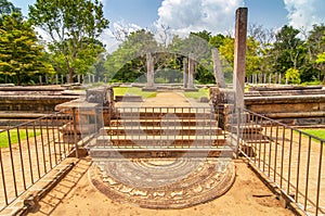 Sacred City of Anuradhapura, moonstone and stairs at the Abhayagiri Monastery, Sri Lanka, Asia