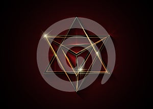 Sacred geometry. 3D gold Merkaba thin line geometric triangle shape. esoteric or spiritual symbol.  on dark red background