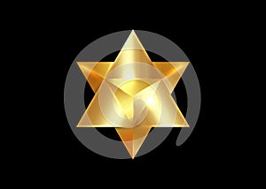 Sacred geometry. 3D gold Merkaba thin line geometric triangle shape. esoteric or spiritual symbol. isolated on dark red background