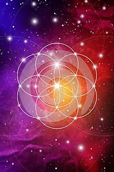 Sacred geometry art with golden ratio numbers, interlocking circles, triangles and squares, flows of energy and