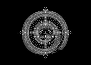 Sacred Geometry, Flower of Life, lotus flower mandala. White Neon vintage logo Symbol of Harmony and Balance, Glowing Geometrical