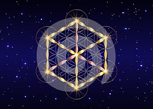 Sacred Geometry, flower of life and Metatrons cube. Gold Symbol of alchemy, religion and spirituality. Vector isolated on blue photo