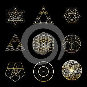 Sacred geometry golden vector design elements collection. Alchemy, religion, philosophy, spirituality, hipster symbols.