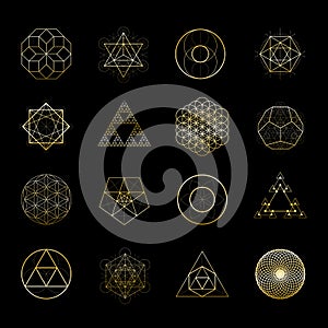 Sacred geometry golden vector design elements collection. Alchemy, religion, philosophy, spirituality, hipster symbols.