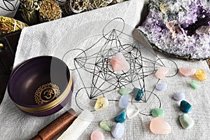 Sacred Geometry Grid Cloth and Healing Crystals