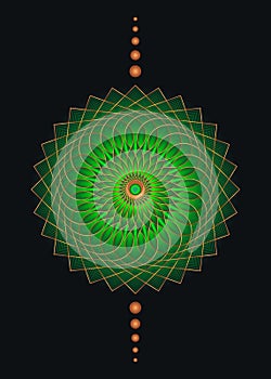 Sacred Geometry Mandala, green flower gold meditative circle icon, geometric logo design, mystical religious wheel, Indian chakra