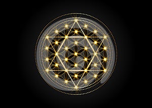 Sacred Geometry, Metatrons cube and golden David Star with Shiny Flower of Life, Gold luxury hexagon symbol of alchemy sign