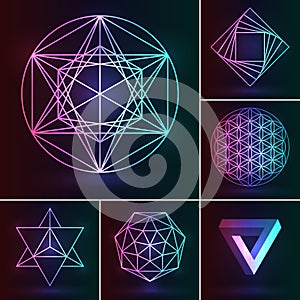 Sacred geometry set. Vector esoteric ornament on the neon background. Abstract geometric