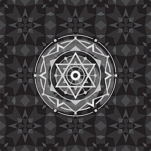 Sacred geometry sign on geometric abstract background. Abstract vector pattern. Mystic badge. Design element