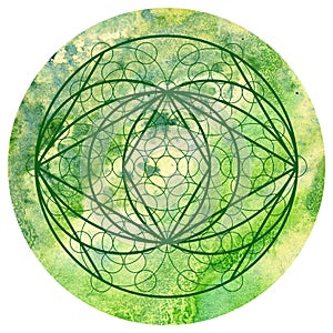 Sacred geometry symbol on colorful watercolor circular background.