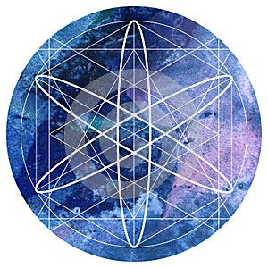 Sacred geometry symbol on colorful watercolor circular background.