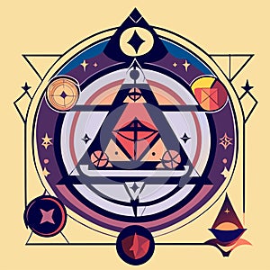 Sacred geometry symbol in retro style. Geometrical pattern with triangle and stars. Generative AI