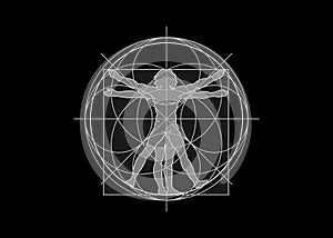 Sacred Geometry symbol. The Vitruvian man. Detailed drawing on the basis of artwork by Leonardo da Vinci, vector isolated on black