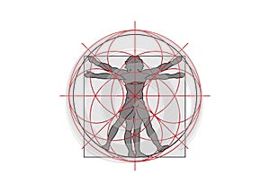 Sacred Geometry symbol. The Vitruvian man. Detailed drawing on the basis of artwork by Leonardo da Vinci, vector isolated on white