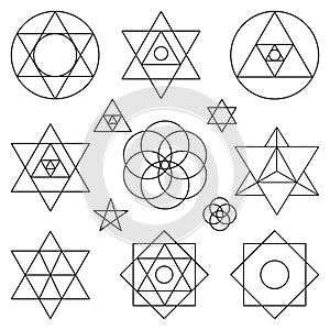 Sacred geometry symbols elements.Black outline photo