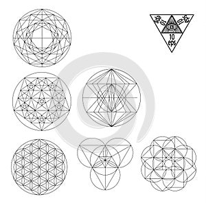 Sacred geometry symbols and signes vector illustration. Hipster tattoo. Flower of life symbol.