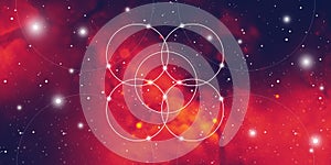 Sacred geometry website banner with golden ratio numbers, eternity symbol, interlocking circles and squares, flows of energy and