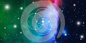 Sacred geometry website banner with golden ratio numbers, eternity symbol, interlocking circles and squares, flows of energy and