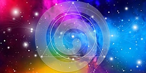 Sacred geometry website banner with golden ratio numbers, eternity symbol, interlocking circles and squares, flows of energy and