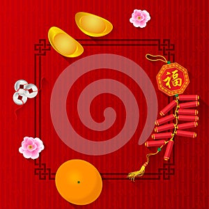 The sacred is Gold money , orange fruit , Peach blossom and firecracker for Chinese new year on china frame and red bamboo pattern