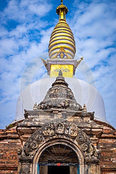 Sacred Gompa. Sculptures of Gods and Goddesses carved on the stone of Ancient Buddhist Temple and ancient ruins. Intricate Details