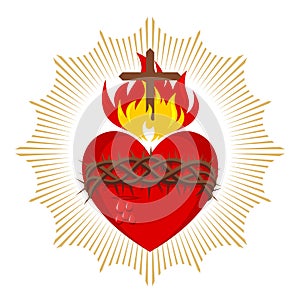 Sacred Heart of Jesus Christ, Lord and Savior of the world. Cross in the flame of the Holy Spirit, crown of thorns and holy blood