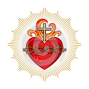 Sacred Heart of Jesus Christ, Lord and Savior of the world. Cross in the flame of the Holy Spirit, crown of thorns and holy blood