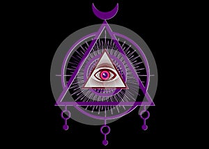 Sacred Masonic symbol. All Seeing eye, the third eye The Eye of Providence inside triangle pyramid. New World Order