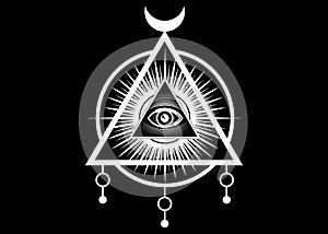 Sacred Masonic symbol. All Seeing eye, the third eye The Eye of Providence inside triangle pyramid. New World Order