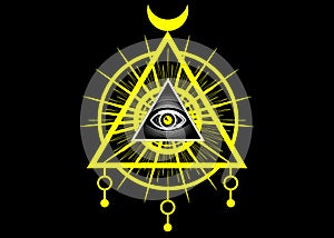 Sacred Masonic symbol. All Seeing eye, the third eye The Eye of Providence inside triangle pyramid. New World Order