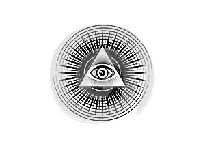 Sacred Masonic symbol. All Seeing eye, the third eye The Eye of Providence inside triangle pyramid. New World Order