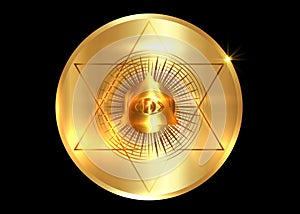 Sacred Masonic symbol. All Seeing eye, the third eye The Eye of Providence inside triangle pyramid. New World Order. Gold icon