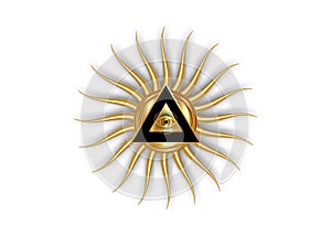 Sacred Masonic symbol. All Seeing eye, the third eye The Eye of Providence  inside triangle pyramid. New World Order. Gold icon