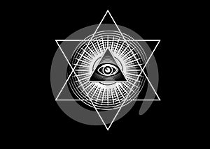 Sacred Masonic symbol. All Seeing eye, the third eye The Eye of Providence  inside triangle pyramid. New World Order. Hand-drawn