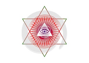 Sacred Masonic symbol. All Seeing eye, the third eye The Eye of Providence  inside triangle pyramid. New World Order. Hand-drawn