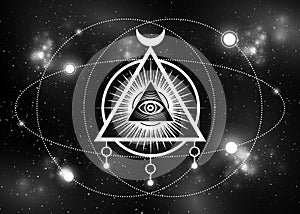 Sacred Masonic symbol. All Seeing eye, the third eye The Eye of Providence inside triangle pyramid. New World Order. Isolated