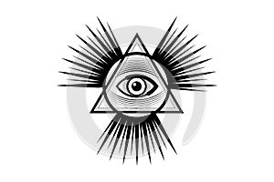 Sacred Masonic symbol. All Seeing eye, the third eye, The Eye of Providence, inside triangle pyramid. New World Order. Black icon