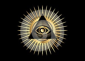 Sacred Masonic symbol. Gold All Seeing eye, the third eye The Eye of Providence inside triangle pyramid. New World Order