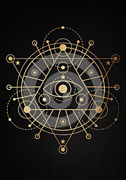 Sacred Masonic symbol Vesica piscis gold Sacred geometry. All Seeing eye, the third eye or The Eye of Providence inside triangle photo