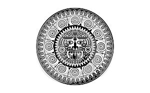 Sacred Mayan sun god, Aztec wheel calendar, Maya symbols ethnic mask, black tattoo round frame border old logo icon vector sign