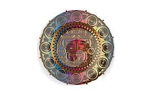 Sacred Mayan sun god, Aztec wheel calendar, Maya symbols ethnic mask in gold color. Golden and colorful round frame border