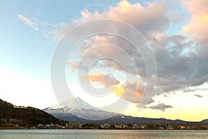 Sacred mountain of Fuji on top covered with snow in Japan.