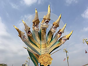 Sacred Naga mythical, giant snakeâ€™s seven heads by Mekhong River