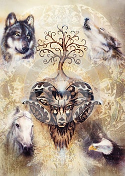 Sacred ornamental aries spirit with tree of life symbol and animals.