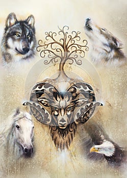 Sacred ornamental aries spirit with tree of life symbol and animals.