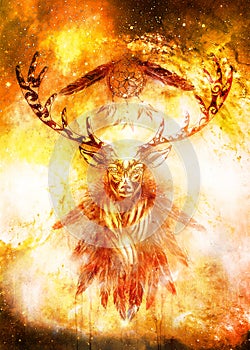 Sacred ornamental deer spirit with dream catcher symbol and feathers in cosmic space.