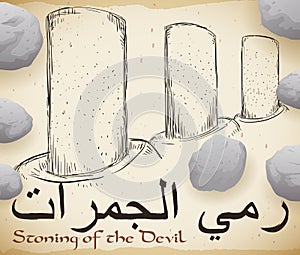 Sacred Pillars for Stoning of Devil Ritual during Hajj Pilgrimage, Vector Illustration