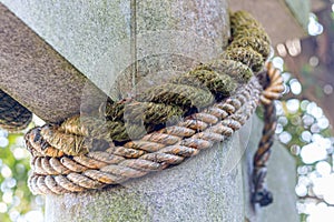 Sacred rope, or shimenawa, at torii gate to small local shinto shrine, Kanazawa, Japan