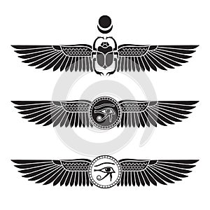 Sacred scarab beetle and eye of Horus ancient Egypt elements set hand drawn vector illustration