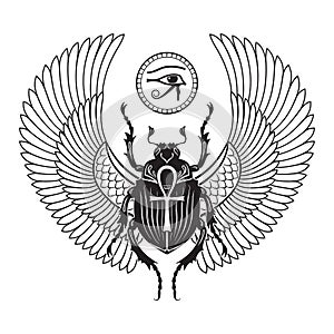 Sacred scarab beetle and eye of Horus ancient Egypt hand drawn vector illustration
